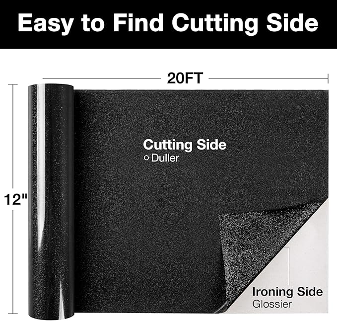 TORC Black Glitter HTV Heat Transfer Vinyl Roll 12 inch x 20 ft Iron on Vinyl for T Shirts Crafts Bulk
