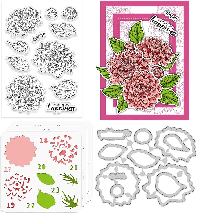 ORIGACH Dahlia Layering Stencil Stamp and Die Set for Card Making, Flower Stencil Template Silicone Clear Stamps and Metal Die Sets for DIY Scrapbooking Photo Album Crafting