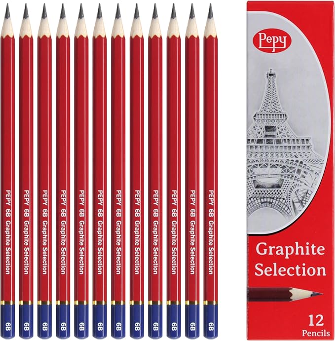 Pepy Graphite Professional Drawing Pencils - Set of 12 6B Pre-Sharpened Black Lead Pencils; Perfect for Drawing, Sketching and Shading, Graphic and Fine Art