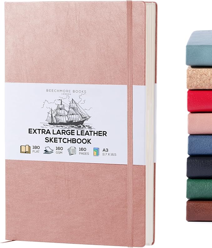 Beechmore Books A3 Sketchbook – 11.7x16.5 Premium Vegan Leather Bound Extra Large Sketch Book Hardcover, 160gsm 160 Perforated Ivory Pages, Blank Sketch Pad, Gift Boxed, Back Pocket, Ribbon Bookmark