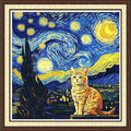 Findvoor Counted Cross Stitch Kits for Adults Full Range of Cross Stitching Embroidery Unprinted Pattern for Beginners, 11CT Needlepoint Kit Patterns Embroidery Kits-Cat Van Gogh Starry Sky 18x18 inch