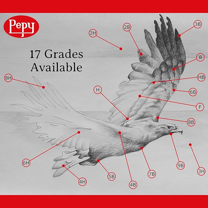 Pepy Graphite Professional Drawing Pencils - Set of 12 6B Pre-Sharpened Black Lead Pencils; Perfect for Drawing, Sketching and Shading, Graphic and Fine Art