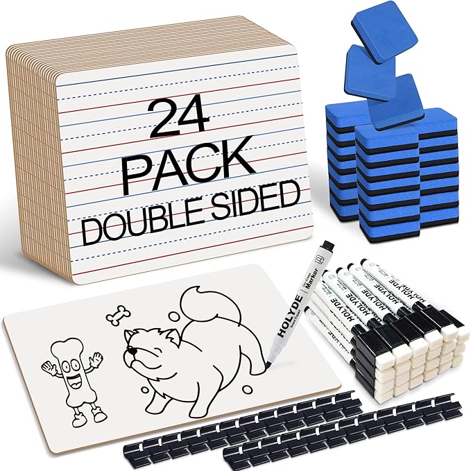 Set of 24 Dry Erase Boards, Double Sided Small Whiteboards with Lines for Kids, Students, Teacher & Classroom Pack, 9"x12" Mini Individual White Boards Lined for Writing with 24 Makers, 24 Erasers