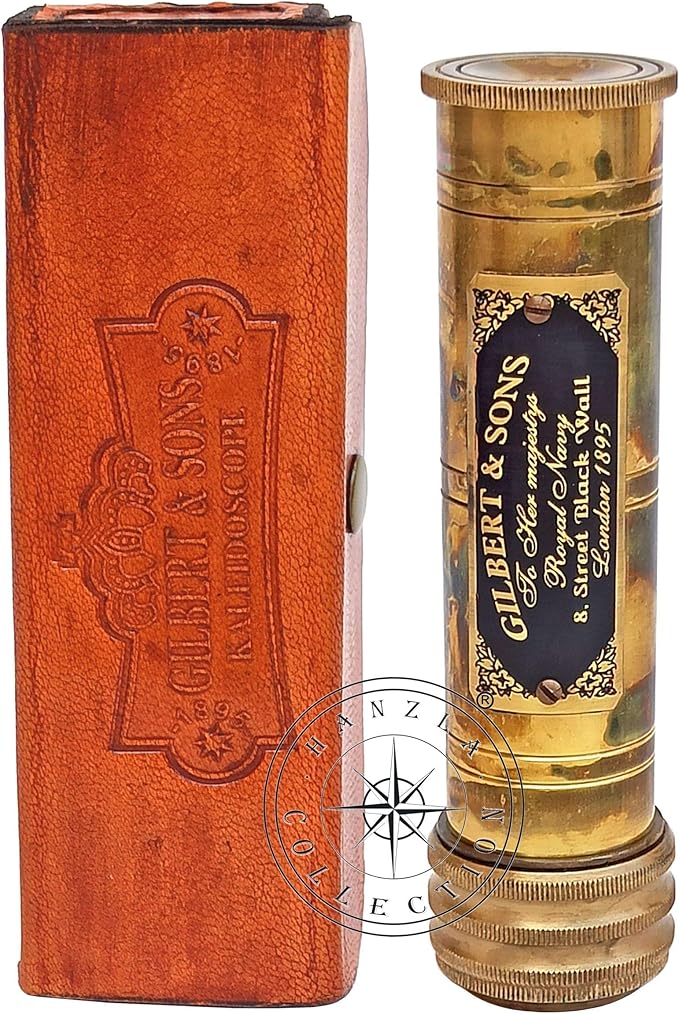 Gilbert & Sons Antique Brass Kaleidoscope Engraved Nautical Kids Gift with Leather Case Educational Gift Vintage Decor Collection