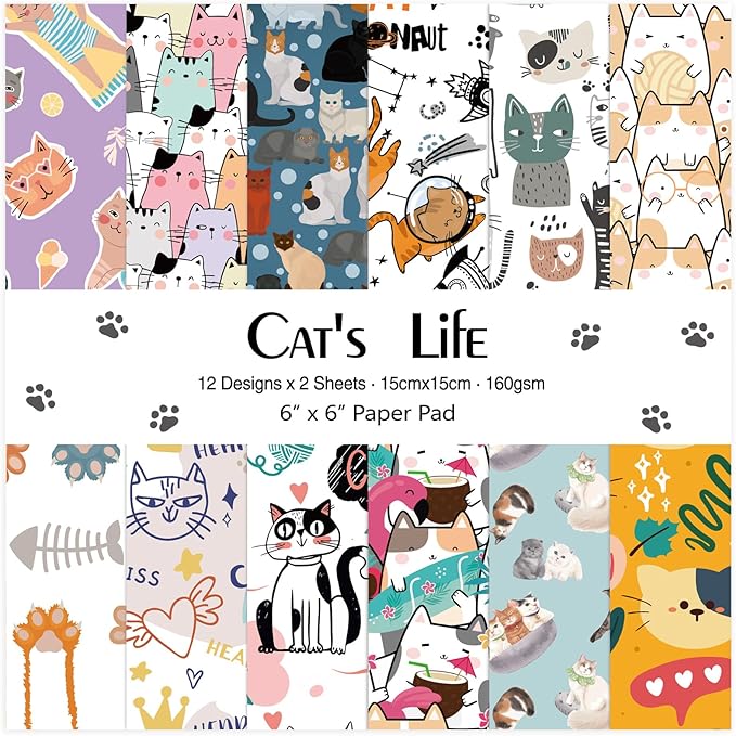 24 Sheets 12 Designs Scrapbook Paper Pad,6"×6” Single-Sided Decopodge Craft Cardstock Paper,Christmas Scrapbooking DIY Decorative Background Cardmaking Supplies.Cat's Life