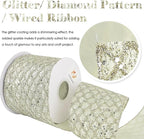 HUIHUANG Champagne Wired Ribbon 4 inch Glitter Christmas Tree Ribbon Diamond Mesh Wire Ribbon for X-mas Tree Decorations, Wreaths, Garland, Large Bows Making, Wedding Decor -10 Yards
