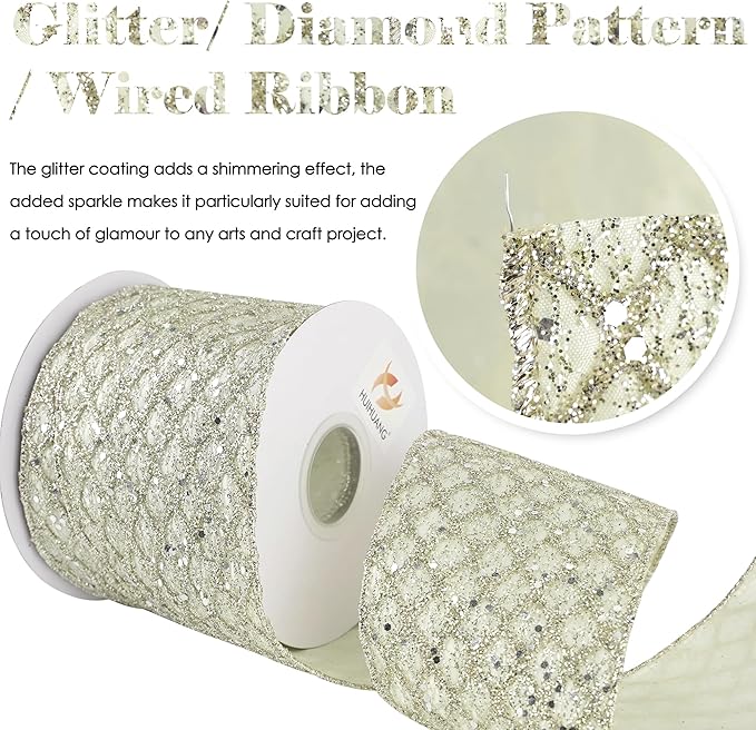 HUIHUANG Champagne Wired Ribbon 4 inch Glitter Christmas Tree Ribbon Diamond Mesh Wire Ribbon for X-mas Tree Decorations, Wreaths, Garland, Large Bows Making, Wedding Decor -10 Yards