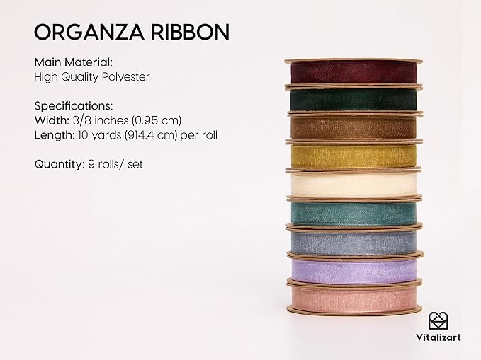 Vitalizart 3/8" x 90 Yards Organza Ribbon Set 9 Rolls x 10 Yd Sheer Ribbon for Gift Wrapping Crafts Christmas Tree Bows Wedding Invitations Wreaths Party Decor Bouquet DIY Projects (Mixed Colors)