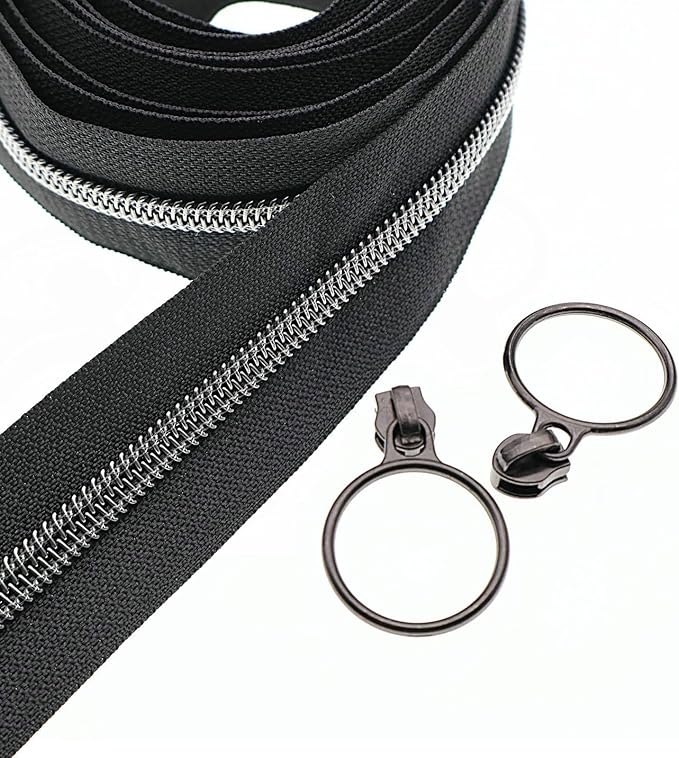 Leekayer #5 Black Nickel Metallic Nylon Coil Teeth Zippers by The Yard Bulk 10 Yards Black Zipper Tape with 25pcs Black Nickel Ring Pull Sliders for DIY Sewing Tailor Craft Bag(Black)