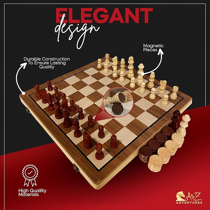 Magnetic Chess Set with Checkers - 15" (2 in 1) Folding Wooden Chess Sets for Adults & Kids with 2 Extra Queens | Travel Chess Board Game Set with Chess Pieces Storage Slots, Luxury Gift with Storage