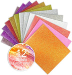 Glitter HTV Sparkly Heat Transfer Vinyl Bundle – 12 Assorted Colors 12"x10" Iron-On Vinyl Sheets for T-Shirts & DIY Crafts – Easy to Cut & Weed, No-Flake & Washable, Works with All Cutting Machines