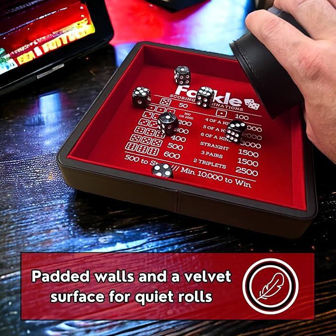 Luck Lab Farkle Dice Tray and Storage Case - Includes Embedded Scoring Combinations, 2 Sets of 6 Pearl Dice, 40 Sheet Score Pad and Pen Holder for The Classic Family Game (Red)