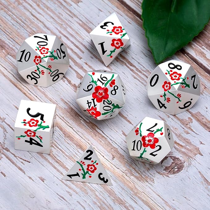 Metal Dice Set D&D, 7 PCS Flower Metal DND Polyhedral Dice Set with Box for Dungeons and Dragon Tabletop Game (Silver-red-Green)