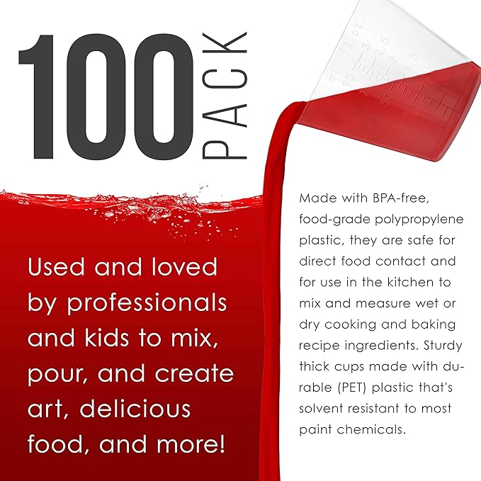 Pouring Masters 3 Oz (90 ml) Liquid Measuring Cups - Plastic Graduated Cup (100 Pack) with 25 Sticks - Reusable Mixing Cups for Paint, Craft, Kitchen, Lab, Medical Supplies, Epoxy Resin, Art