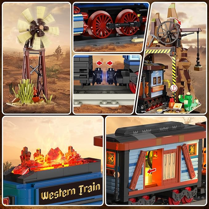Western Train Building Set with Lights, 1912 PCS West Trains Static Display Model Toy with Tracks Windmill Water Tower, Home Office Decor Building Blocks for Adults Teens Big Boys Girls 12+