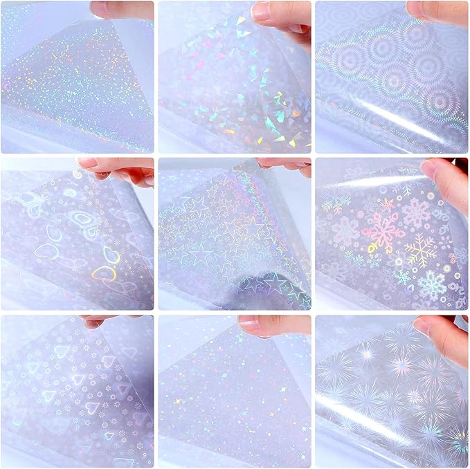 Teling 90 Sheets Holographic Sticker Paper Transparent A4 Vinyl Holographic Sticker Laminate Sheets Clear Overlay Lamination Film Paper Self Adhesive Waterproof with Gem Spot Rainbow Star Pattern