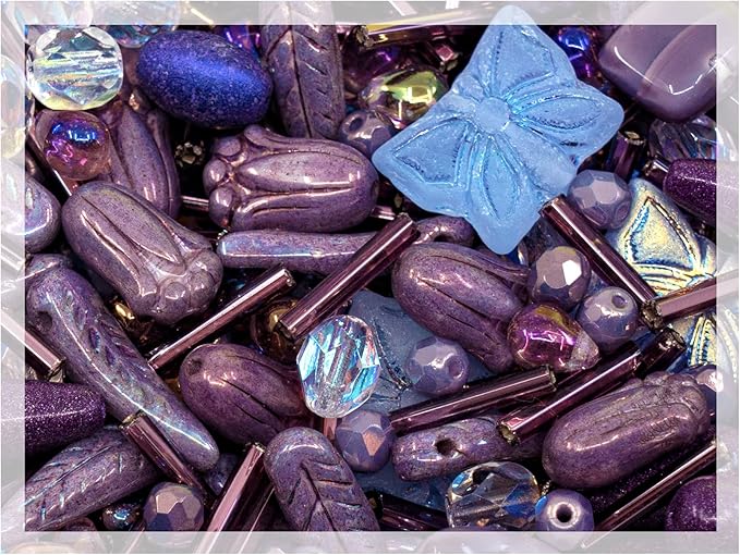 2.1oz (60 g) Mix of Unique Czech Bohemia Glass Pressed Beads, Violet Purple Pink Crystal AB, Table Cut, Matte and Glossy, Hand Made BCV