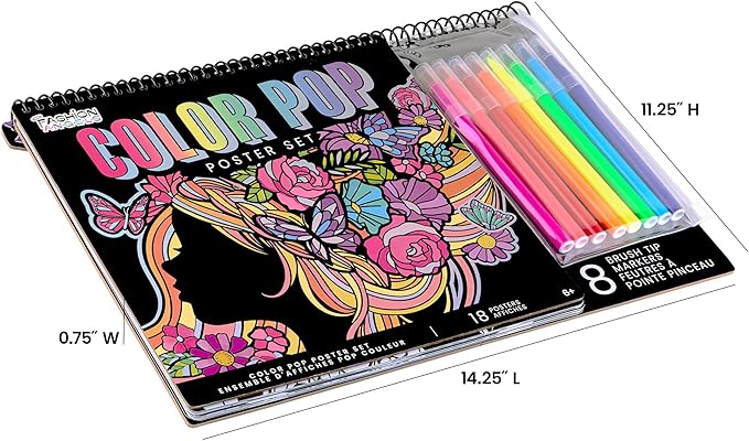 Fashion Angels Color Pop Poster Set, Includes 18 Posters & 8 Brush Tip Markers for Kids, Tweens & Teens, Perfect for Arts & Crafts, Coloring & DIY Room Decor