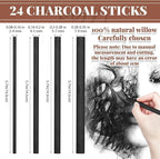 Gueevin 24 Pcs Willow Charcoal Sticks, Willow Charcoal, Artists, Beginners, Students, Perfect for Sketching, Drawing, Shading, and Fine Art Christmas Gifts for Art (2-4mm，4-5mm，5-7mm，7-9mm)