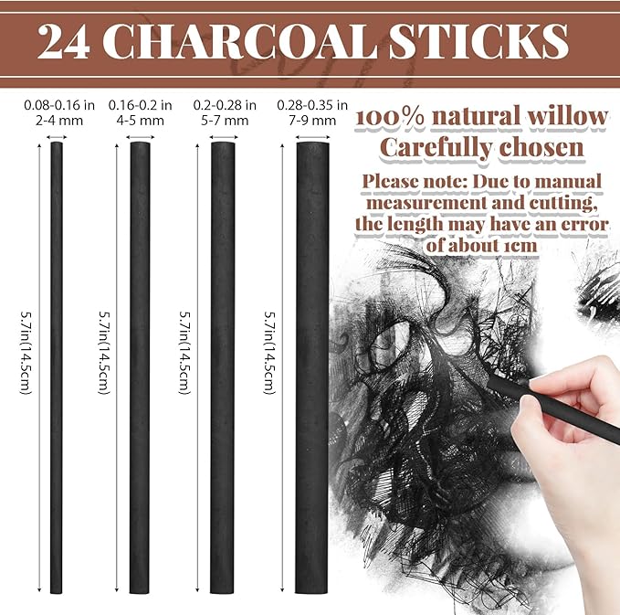 Gueevin 24 Pcs Willow Charcoal Sticks, Willow Charcoal, Artists, Beginners, Students, Perfect for Sketching, Drawing, Shading, and Fine Art Christmas Gifts for Art (2-4mm，4-5mm，5-7mm，7-9mm)