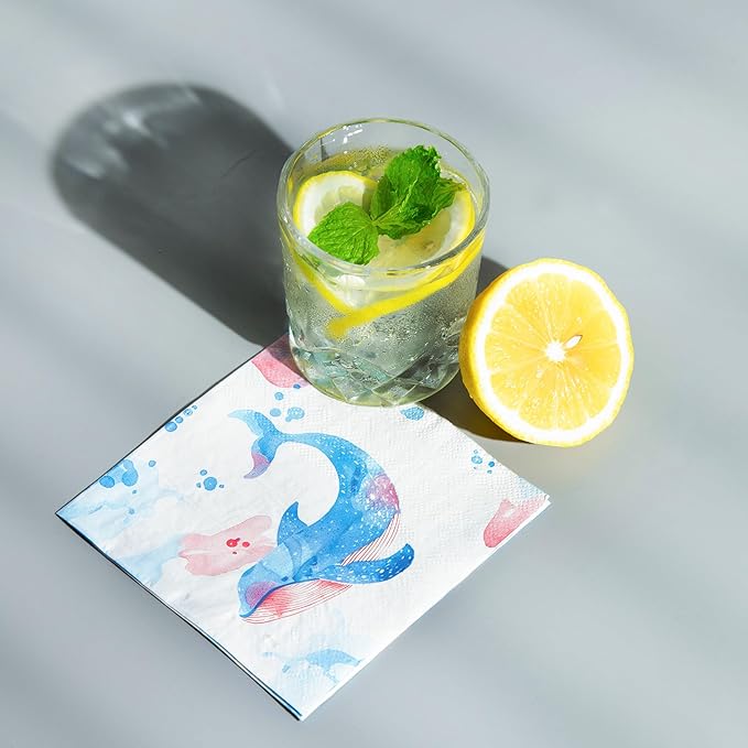 80 pcs Premium Designer Cocktail Beverage Napkins, 3-Ply 5 x 5-inches Disposable Napkin, Aqua Amore Dreams of Whale