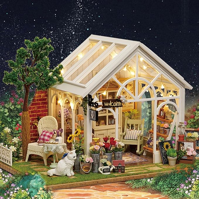 TuKIIE DIY Miniature Dollhouse Kit with Furniture, 1:24 Scale Creative Room Wooden Doll House Plus Dust Proof & Music Movement for Kids Teens Adults(Sunshine Greenhouse)