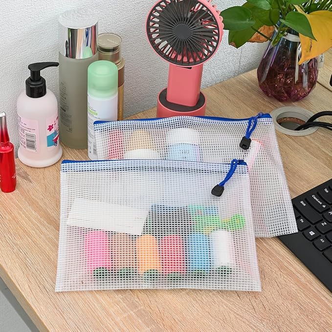 AUSTARK 10 Pcs Zipper File Bags, Waterproof Plastic Mesh Pouch for Office School, Board Game Storage Bags (A5 Size 9.2''x6.7'', White and Blue)