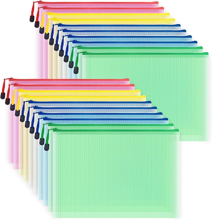 AUSTARK 20 Pcs Zipper File Bags, Plastic Mesh Pouch, Board Game Storage Bag, Waterproof Bags for Office School (A4 Size 13.4''x9.4'', Multicolored)