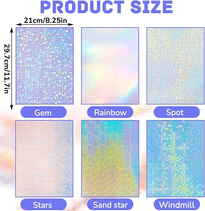 60 Sheets Holographic Laminate Sheets Clear Glitter A4 Size Vinyl Sticker Paper Holographic Overlay Self Adhesive Waterproof Film, 11.7 x 8.3 Inch (Gem, Rainbow, Spot, Star, Sand Star, Wind Mill)