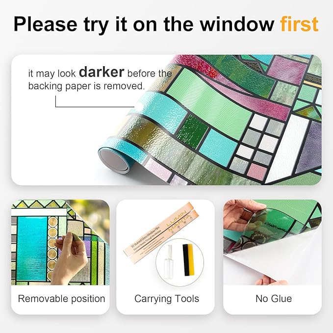 3D Stained Glass Window Privacy Film, Heat Control UV Blocking Static Cling Decorative Window Film for Bathroom,Front Door,Home Non Adhesive,Colorblock 23.6 x 35.4 inches