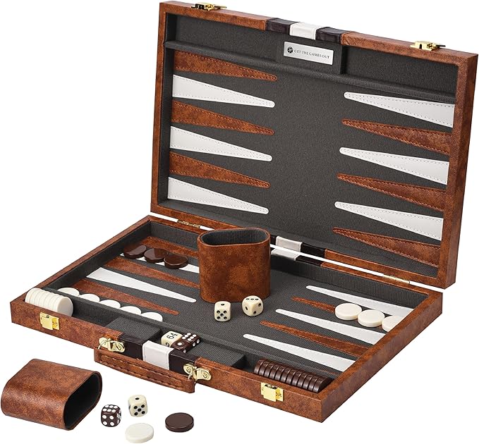 Get The Games Out Top Backgammon Set - Classic Board Game Case - 2 Players - Best Strategy & Tip Guide - Available in Small, Medium and Large Sizes (Brown, Medium)