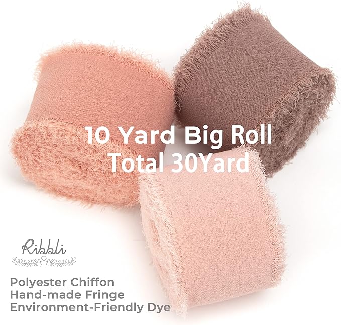 Ribbli Chiffon Silk Ribbon, 1.5 inch x 30 Yard, Blush Pink/Dusty Pink/Mauve Fringe, Wedding Invitations, Bridal Bouquets, Flower Arrangement