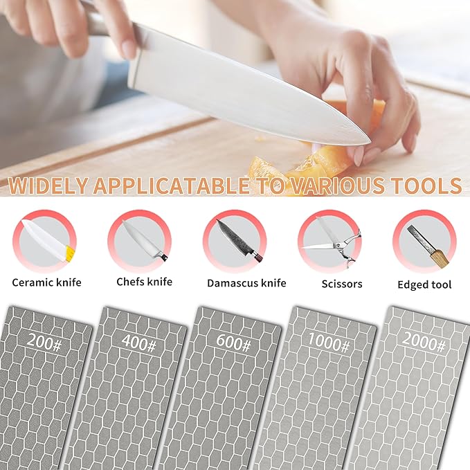 CWOVRS Diamond Sharpening Stone, 5 PCS Diamond Sharpening Plate with Honeycomb Surface Plate for Scissors Knives Outdoor Tools From Coarse to Extra Fine 200/400/600/1000/2000 Grit