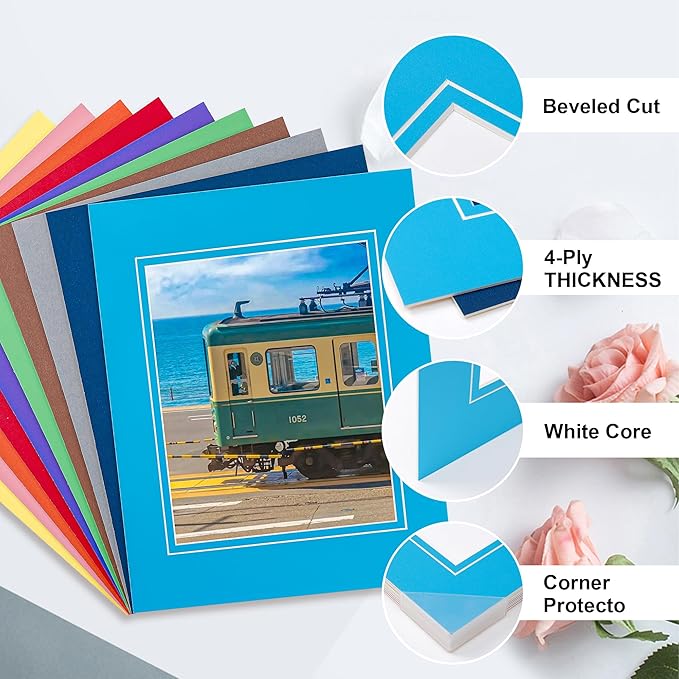 HOTUO 10 Pack Colorful 11x14 Picture Mats, Pre-Cut Picture Frame Mat with Ivory Core Bevel Cut for 8x10 Photo, Signature Friendly 4 Ply Thickness Photo Mat for Frames (Colorful with V-Groove)