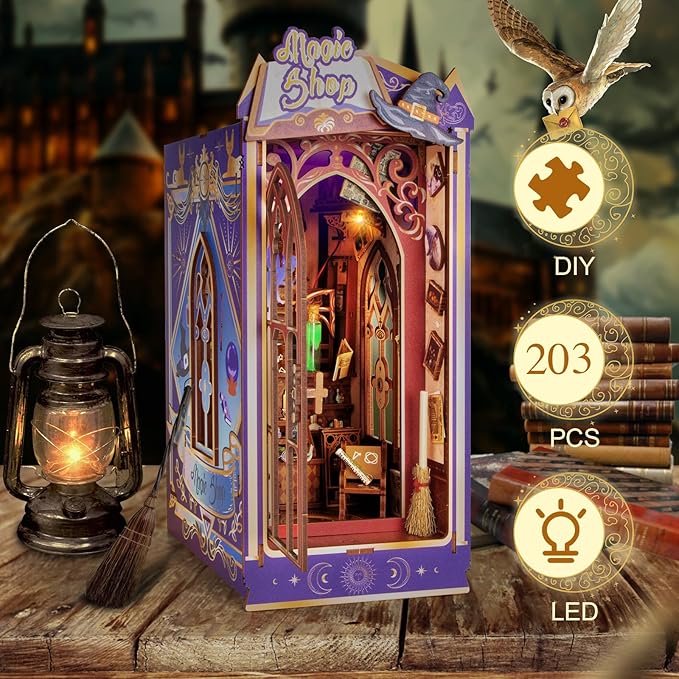 Glow in The Dark Book Nook Kits for Adults, Miniature House Dollhouse Kit for Teens, DIY Crafts for Adults, Bookshelf Decor Magic Shop with LED Light, Gifts for Family and Friends