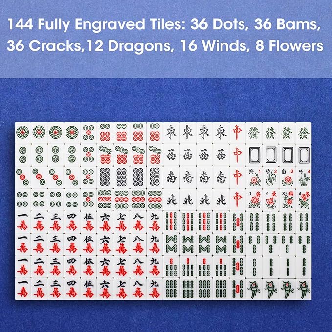 Chinese Mahjong Tile Set,144 Tiles White Green Melamine Tiles with Carrying Travel Case,Portable Mahjong Game Set