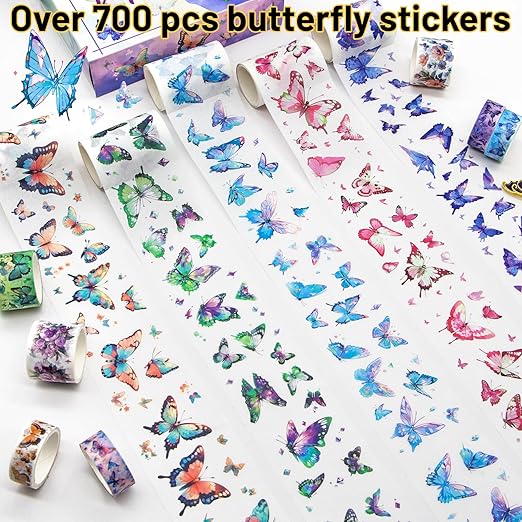 Washi Tape Set 12 Rolls - Over 700 PCS Butterfly Stickers, Washi Tape Stickers for Scrapbooking Supplies, Bullet Journaling Supplies, Junk Journal, DIY Crafts Art