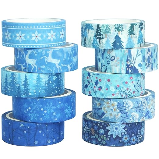 YUBBAEX 10 Rolls Four Seasons Washi Tape Set Blue Snowflake Masking Decorative Tapes (Winter)