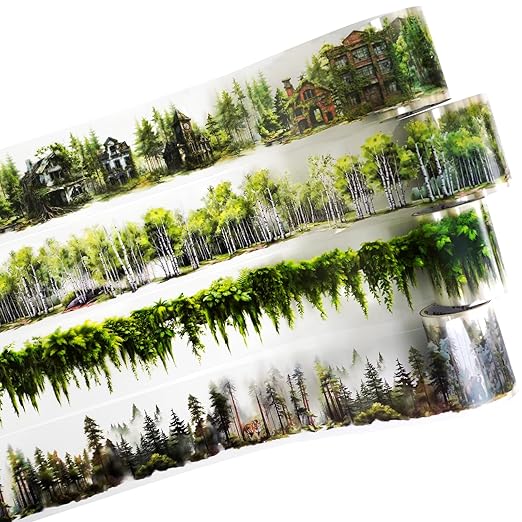 Forest Adventure Transparent PET Scrapbook Tape Set with Clip - 4 Rolls Tree and Landscape Scenery Design Stickers for Journals Planners Crafts and Gift Ideas