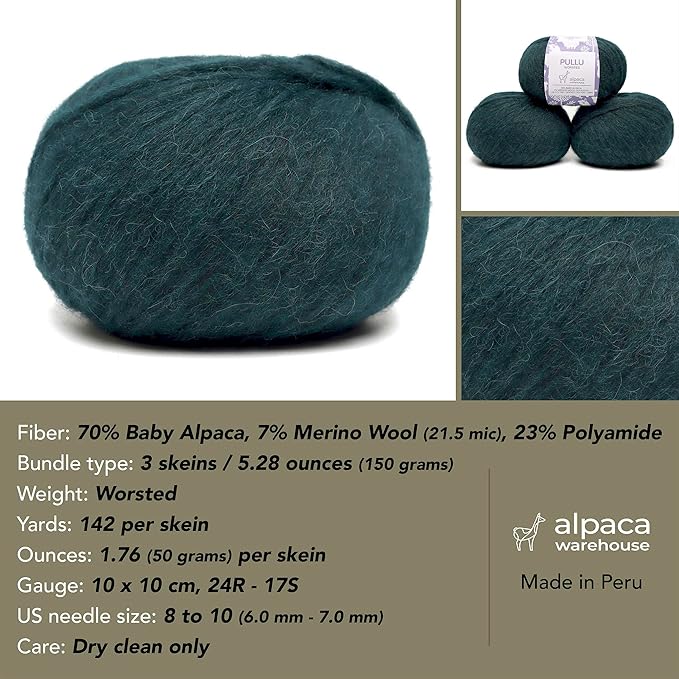 Pullu - Baby Alpaca Merino Wool Yarn Set of 3 Skeins (150 Grams) Worsted Weight - Sourced Directly from Peru - Heavenly Soft and Perfect for Knitting and Crocheting (Emerald Green)