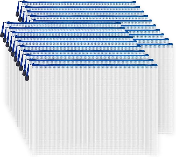 AUSTARK 20 Pcs Zipper File Bags, Plastic Mesh Pouch, Board Game Storage Bag, Waterproof Bags for Office School (A3 Size 16.9''x12'', White and Blue)