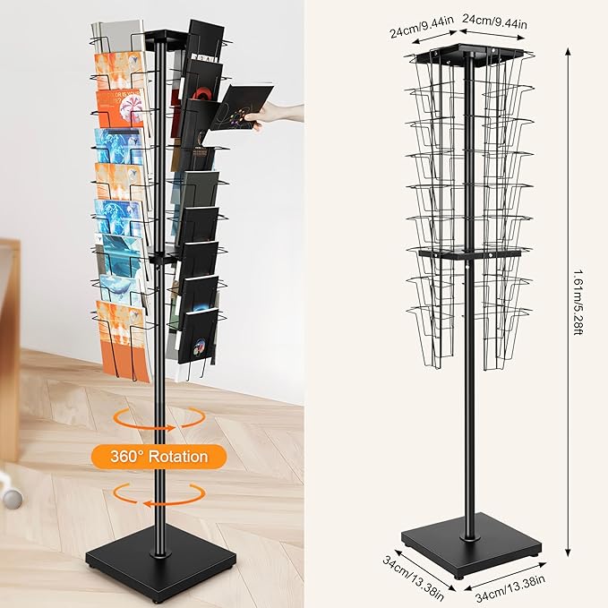 36 Pockets-360°Rotating Magazine Rack Holder Floor Comic Book Brochure Display Stand Flyer Storage Pamphlet Catalog Literature Organizer for Retail Store, Malls, Office, Trade Show Exhibition
