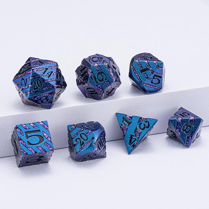 Metallic Glitter Stripes D&D Dice Set,7 PCS Polyhedral Dice Set with Gift,RPG Metal Dice Set Dungeons and Dragons Tabletop Game (Blue+Light Purple)