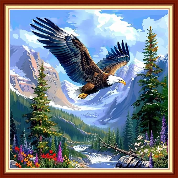Joyhoor Cross Stitch Kits for Beginners Stamped Cross-Stitch Supplies Needlework preprint Embroidery Kits for Adults DIY Needlepoint Kits Embroidery Patterns 11CT-Eagle Mountain and River 18x18 inchs