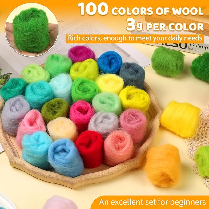 WONVOC 100 Colors Needle Felting Wool, Wool Roving 3g per Color, 10.5 oz Total, Premium Felting Wool for DIY Craft, Fiber Art and Hand Spinning, Needle Felting Supplies, Felting Kit