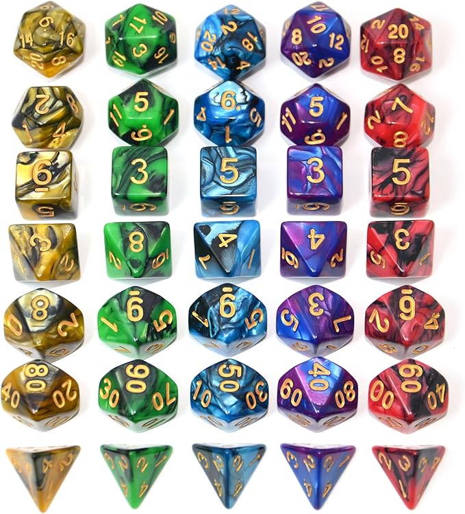 SmartDealsPro 5 x 7-Die Double-Colors Polyhedral Dice Sets with Pouches for D&D DND RPG MTG Dungeon and Dragons Table Board Roll Playing Games D4 D6 D8 D10 D% D12 D20