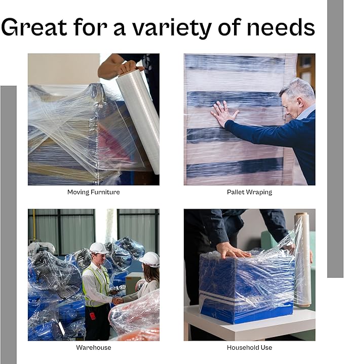 PSBM Stretch Wrap, 4 Pack, 15 Inch x 2000 Feet, 60 Gauge, Clear Plastic Cling, Cast Hand Stretch Film Rolls for Packaging Moving Packing Pallets