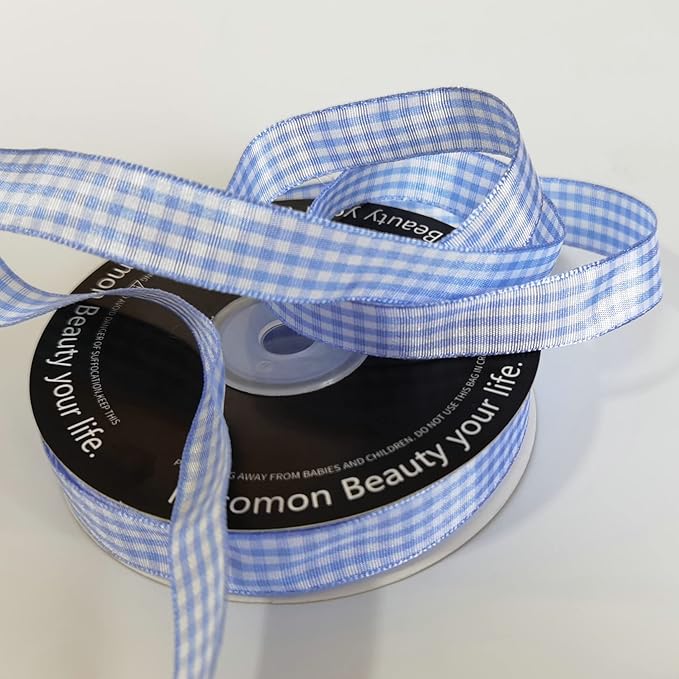 Light Blue Gingham Plaid Checked Ribbon 25 Yard Each Roll 100% Polyester (5/8", Light Blue)