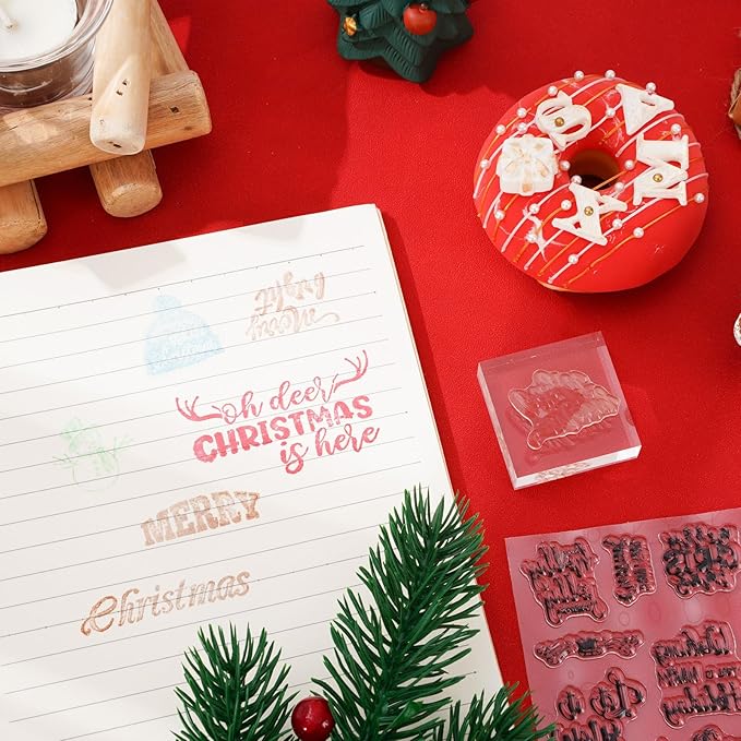 Whaline 4 Sheet Christmas Words Clear Stamps Greeting Words Santa Xmas Tree Pattern Silicone Transparent Stamps Border Stamp Cards for DIY Craft Card Making Scrapbooking Embossing Album Decor
