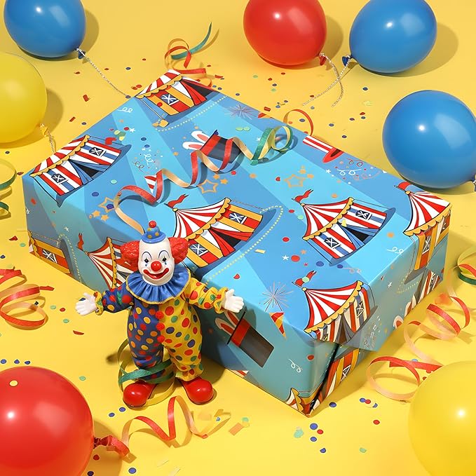 Pineraap 12 Sheets Circus Wrapping Paper, Cute Circus Acrobatic Clown Ferris Wheels Balloon Tent Pattern Folded Gift Packing Paper for Birthday, Baby Shower, Parties, Gifts, Crafts, 20 x 28 inch